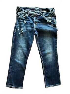 Silver Jeans Suki Capri Dark Wash Distressed Denim W31 Y2K flare pant
